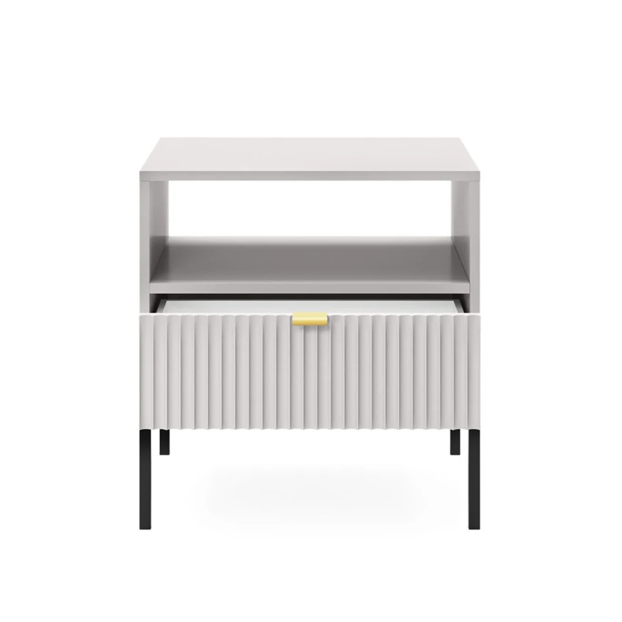 Nachttisch KARI S54 – Grau mit geriffelter Front und goldenem Griff