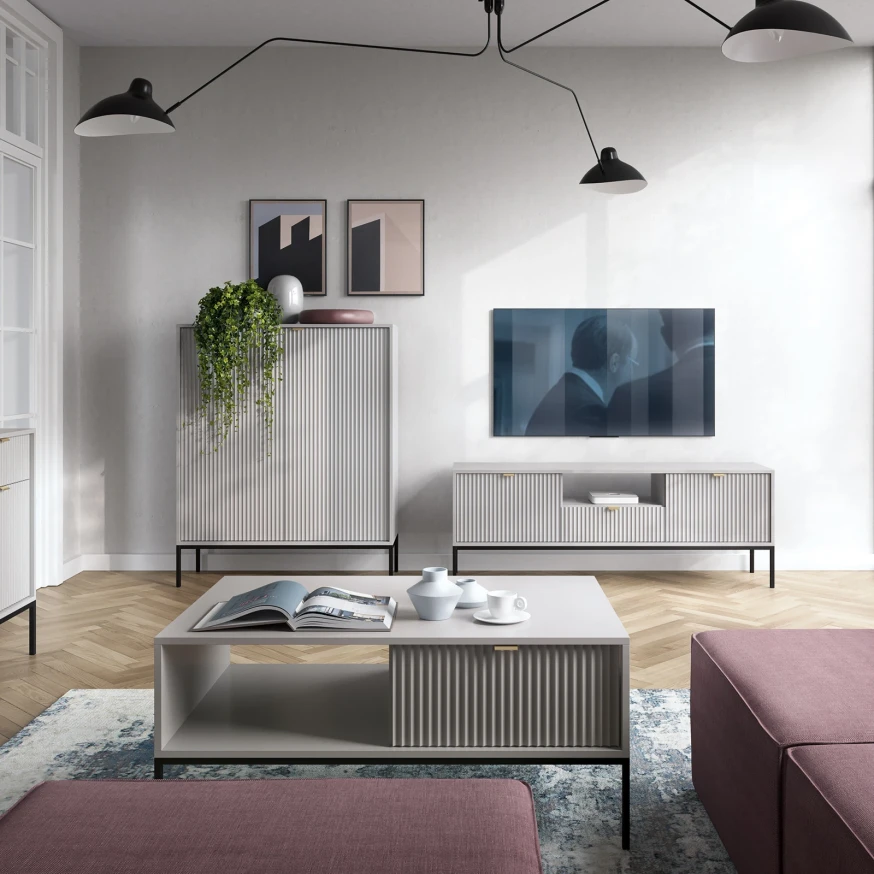 Nachttisch KARI S54 – Grau mit geriffelter Front und goldenem Griff