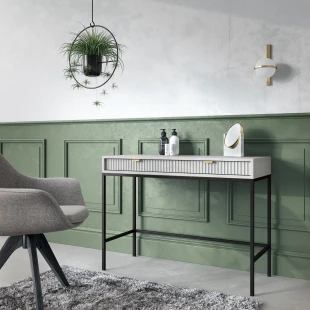 Schminktisch KARI T104 grau mit geriffelten Fronten und goldenen Griffen