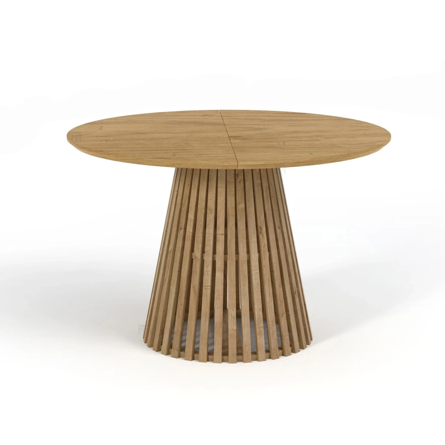 Ausziehbarer Runder Esstisch DOVER LAMELLEN natürliches Eichenfurnier, holz ein bein