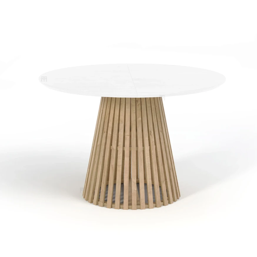 Ausziehbarer Runder Esstisch DOVER LAMELLEN natürliches Eichenfurnier, holz ein bein