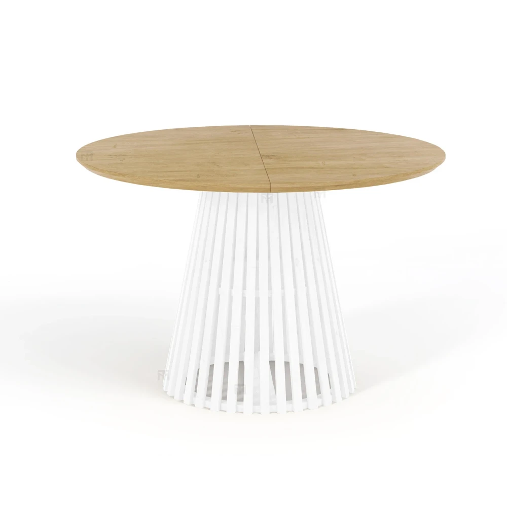 Ausziehbarer Runder Esstisch DOVER LAMELLEN natürliches Eichenfurnier, holz ein bein