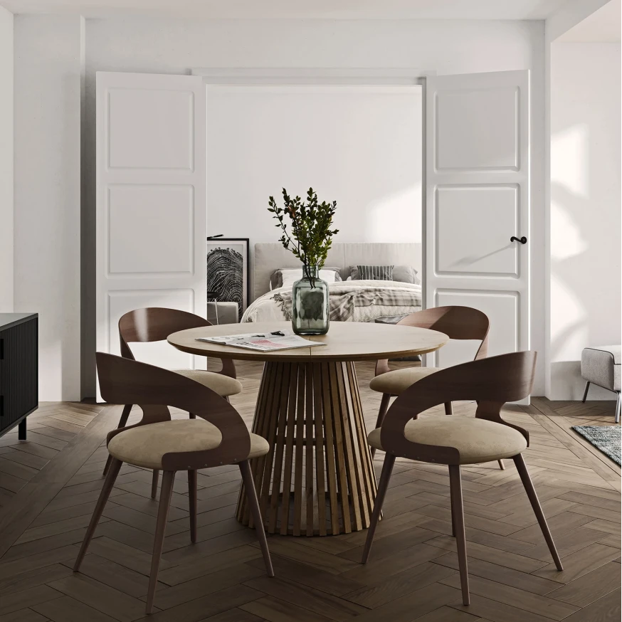 Ausziehbarer Runder Esstisch DOVER LAMELLEN natürliches Eichenfurnier, holz ein bein