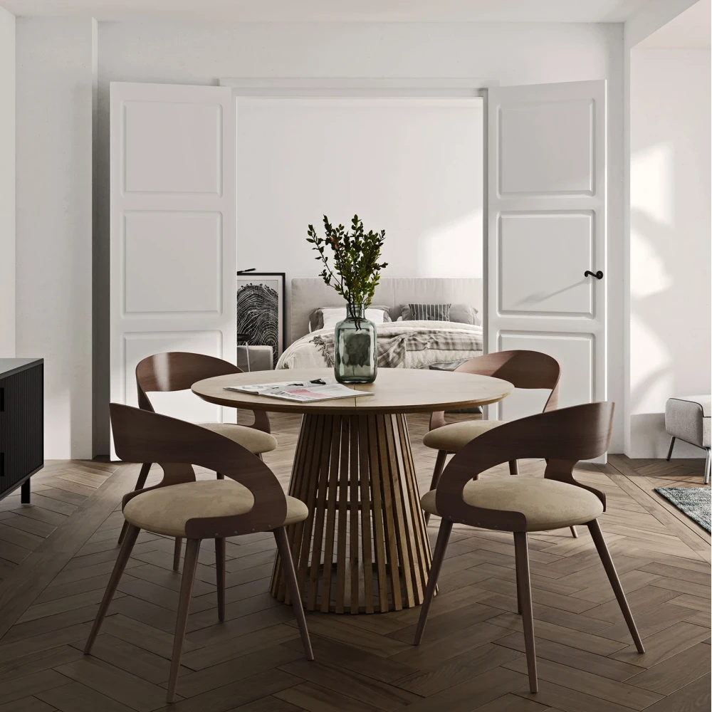 Ausziehbarer Runder Esstisch DOVER LAMELLEN natürliches Eichenfurnier, holz ein bein