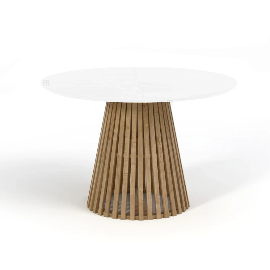 Ausziehbarer Runder Esstisch DOVER LAMELLEN natürliches Eichenfurnier, holz ein bein