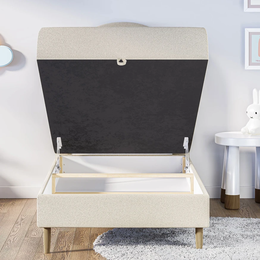 Kinderbett 90x180 cm mit halbrundem Kopfteil und Bettkasten