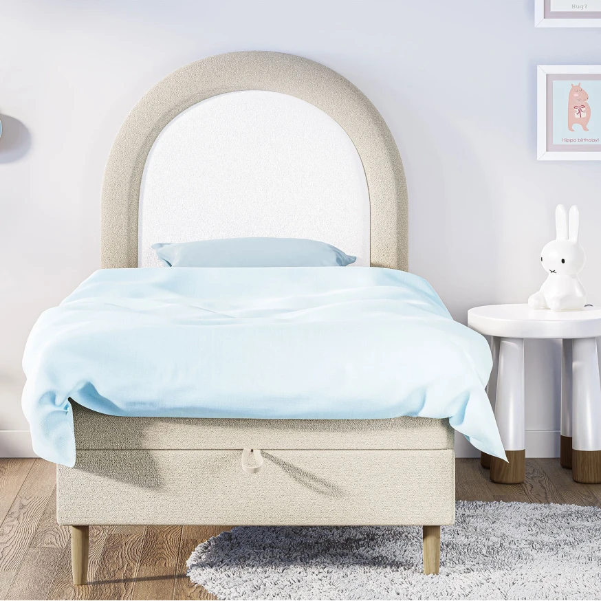 Kinderbett 90x180 cm mit halbrundem Kopfteil und Bettkasten