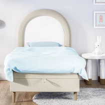 Kinderbett 90x180 cm mit halbrundem Kopfteil und Bettkasten