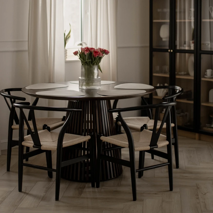 Ausziehbarer Runder Esstisch DOVER LAMELLEN natürliches Eichenfurnier, holz ein bein