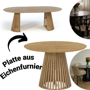 Ausziehbarer Runder Esstisch DOVER LAMELLEN natürliches Eichenfurnier, holz ein bein