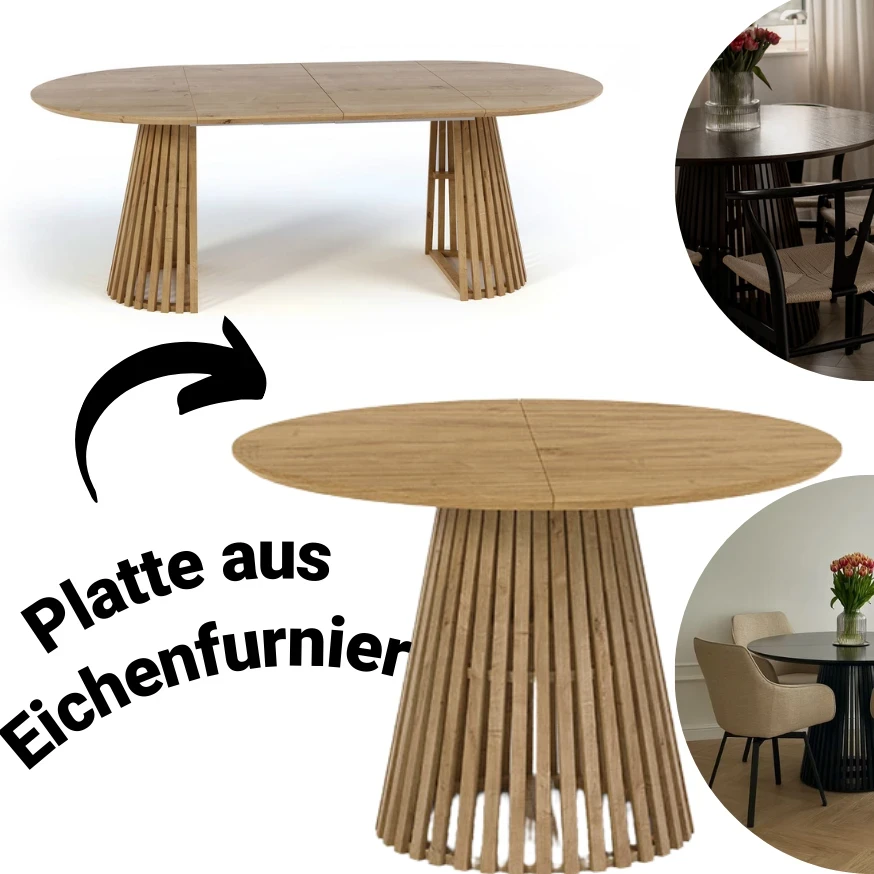 Ausziehbarer Runder Esstisch DOVER LAMELLEN natürliches Eichenfurnier, holz ein bein