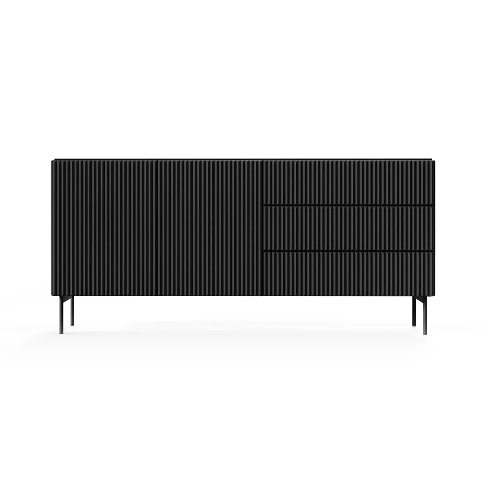 Kommode 177 cm, Schwarz, 2-türig mit Schubladen, Lamellen – MAVI 2D3S