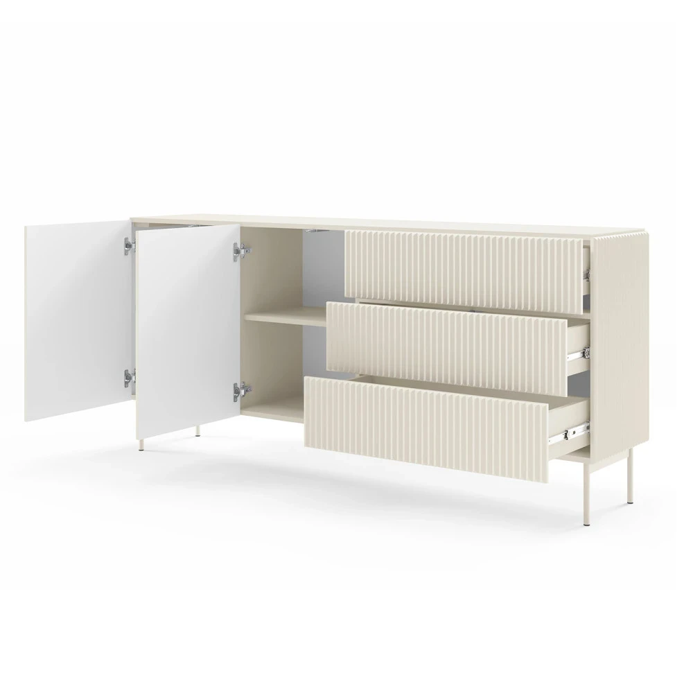 Kommode 177 cm, Schwarz, 2-türig mit Schubladen, Lamellen – MAVI 2D3S