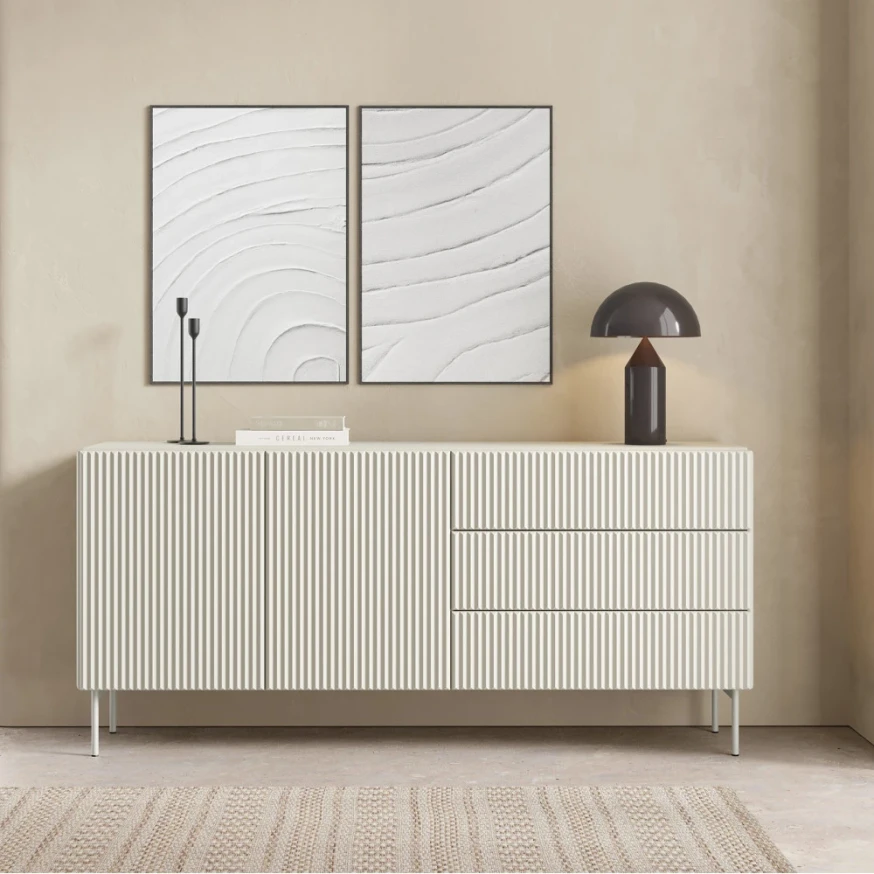 Kommode 177 cm, Schwarz, 2-türig mit Schubladen, Lamellen – MAVI 2D3S