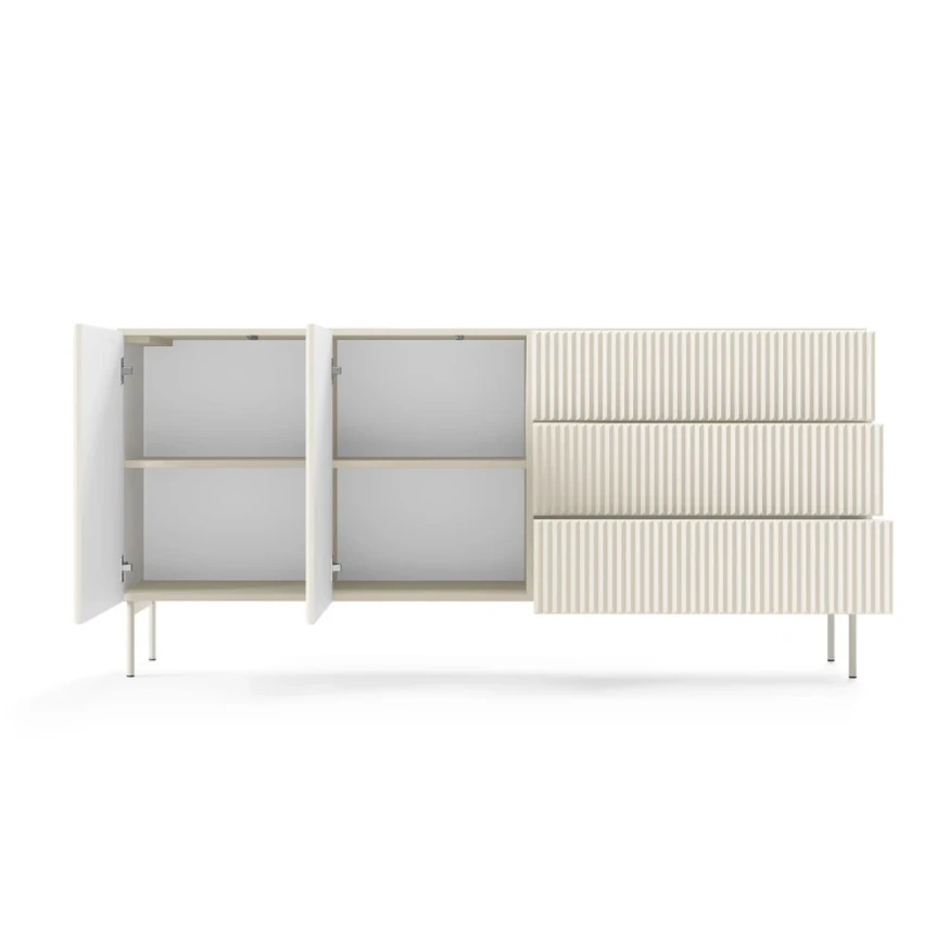 Kommode 147 cm, Schwarz, 2-türig mit Schubladen, Lamellen – MAVI 2D3S