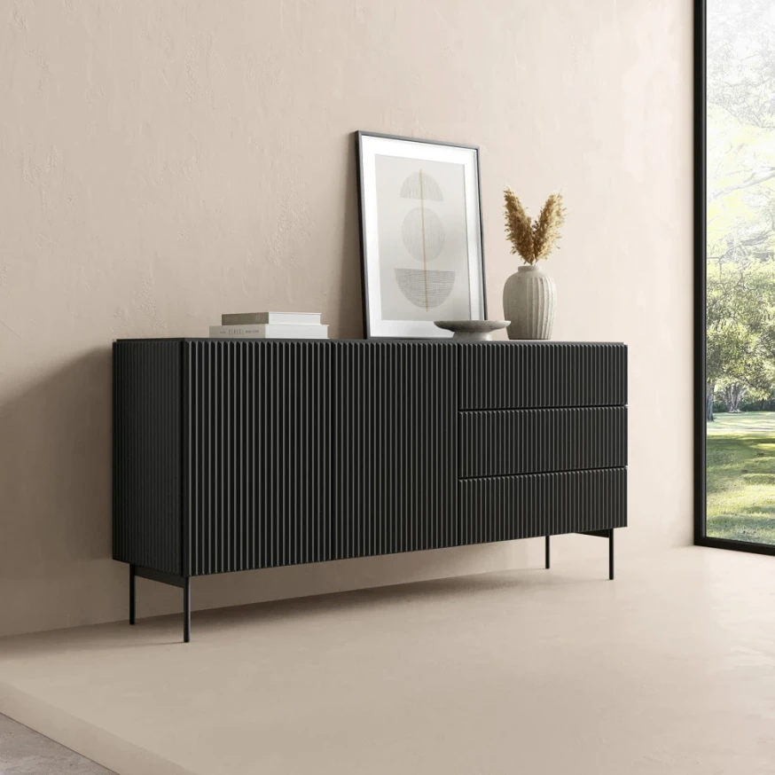 Kommode 147 cm, Schwarz, 2-türig mit Schubladen, Lamellen – MAVI 2D3S