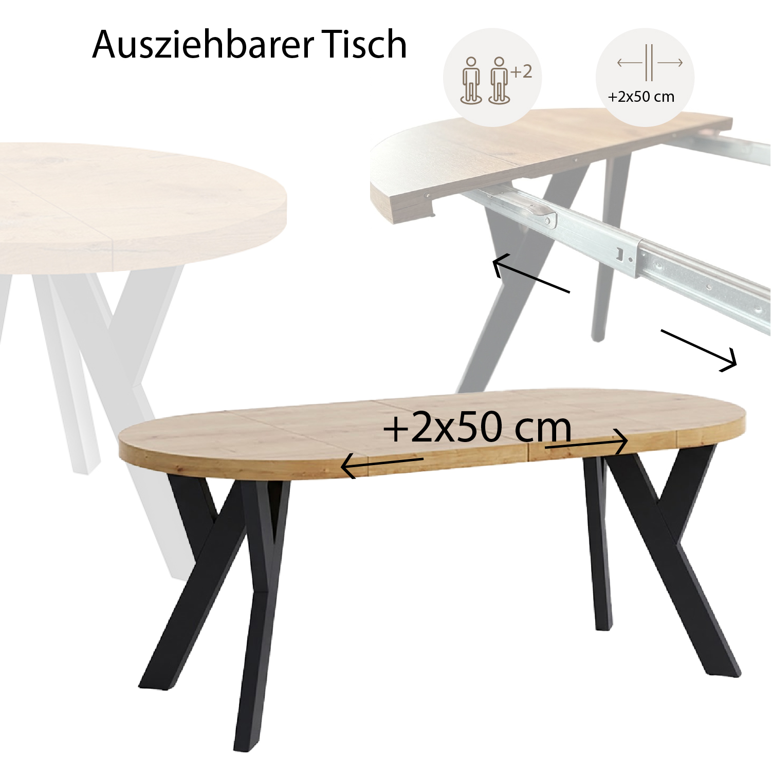 Skandinavischer runder ausziehbarer Esstisch – Infografik mit Maßen und Abmessungen