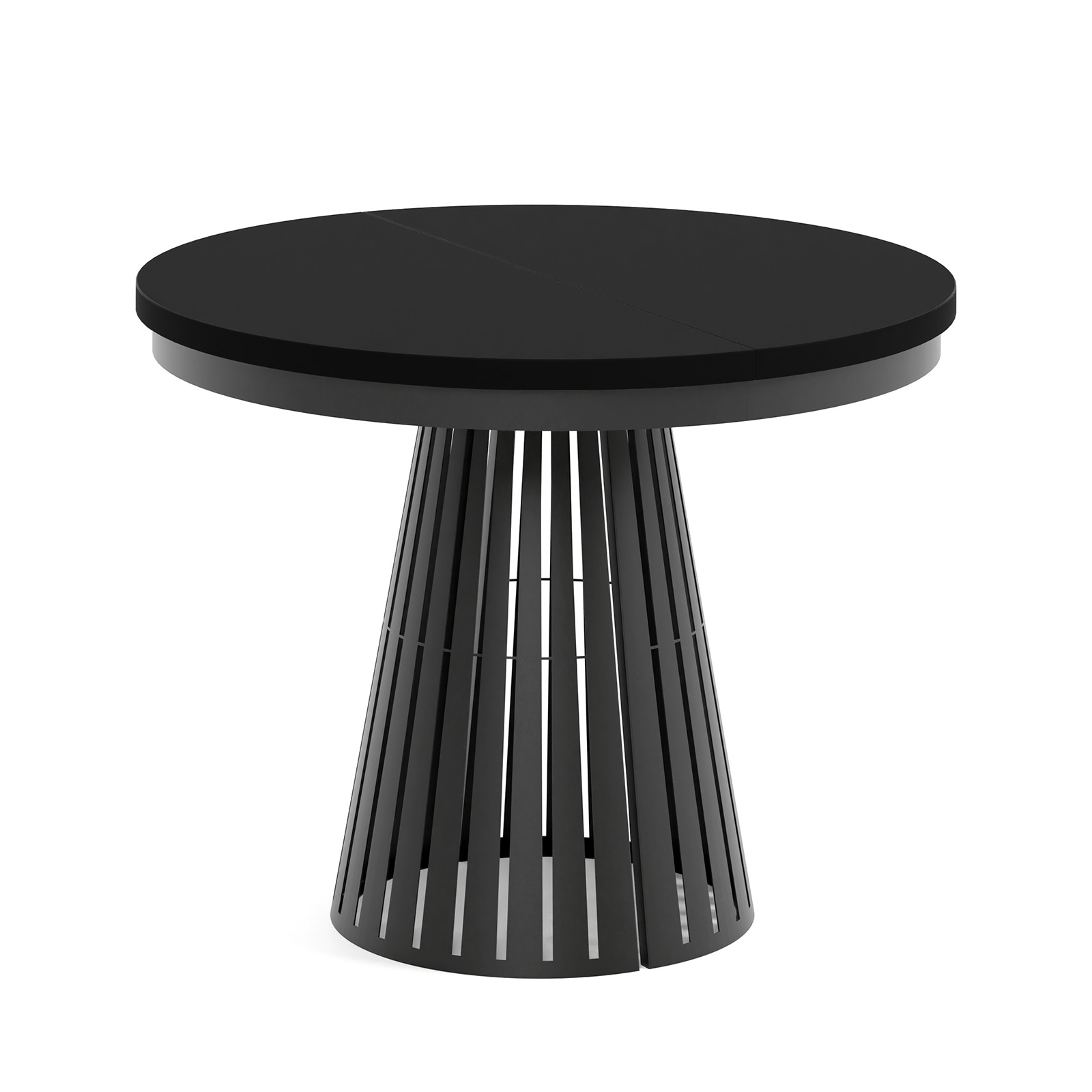 Runder Ausziehtisch Säulenfuß, Tischplatte Schwarz, Untergestell Schwarz