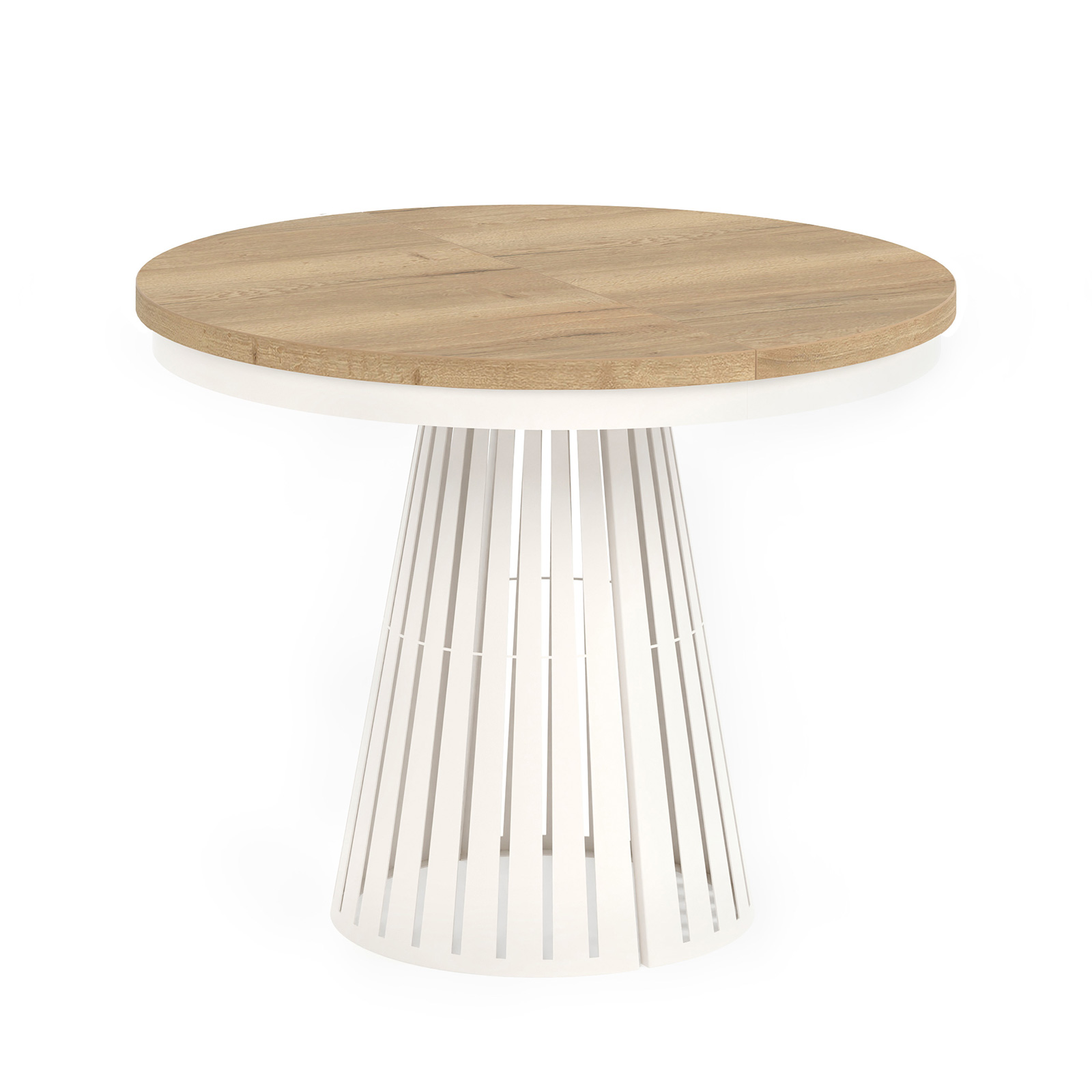 Runder Ausziehtisch Säulenfuß, Tischplatte Eiche Craft Gold, Untergestell Weiß