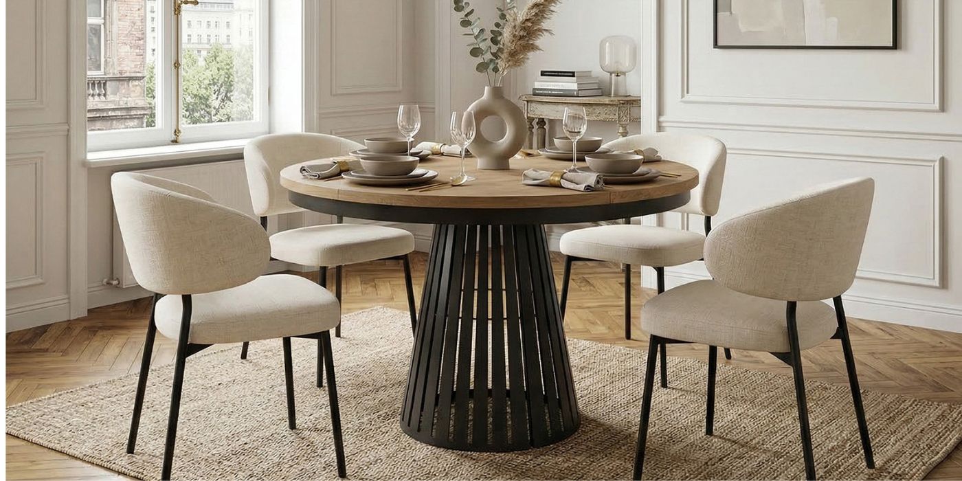 Runder ausziehbarer Esstisch mit Säulenfuß und passenden Stühlen im Esszimmer