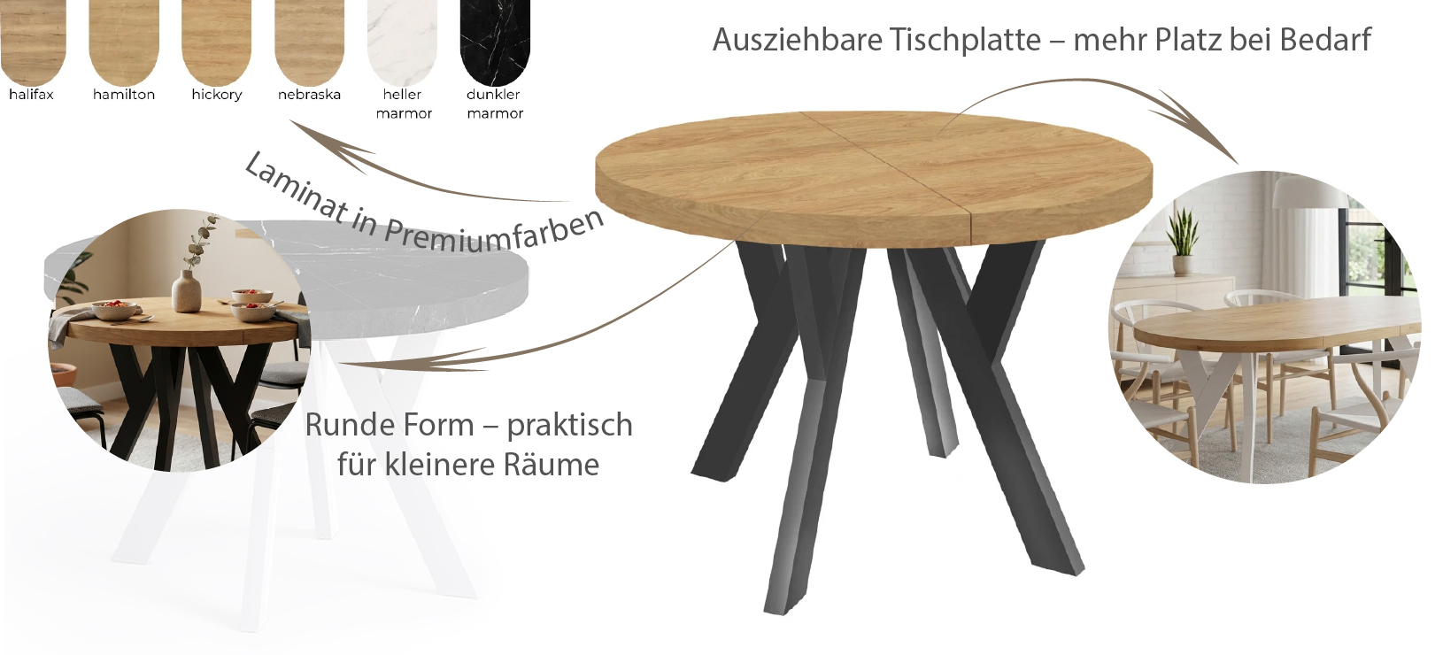 Skandinavischer runder ausziehbarer Esstisch – Infografik mit Farben und Vorteilen eines runden Tisches