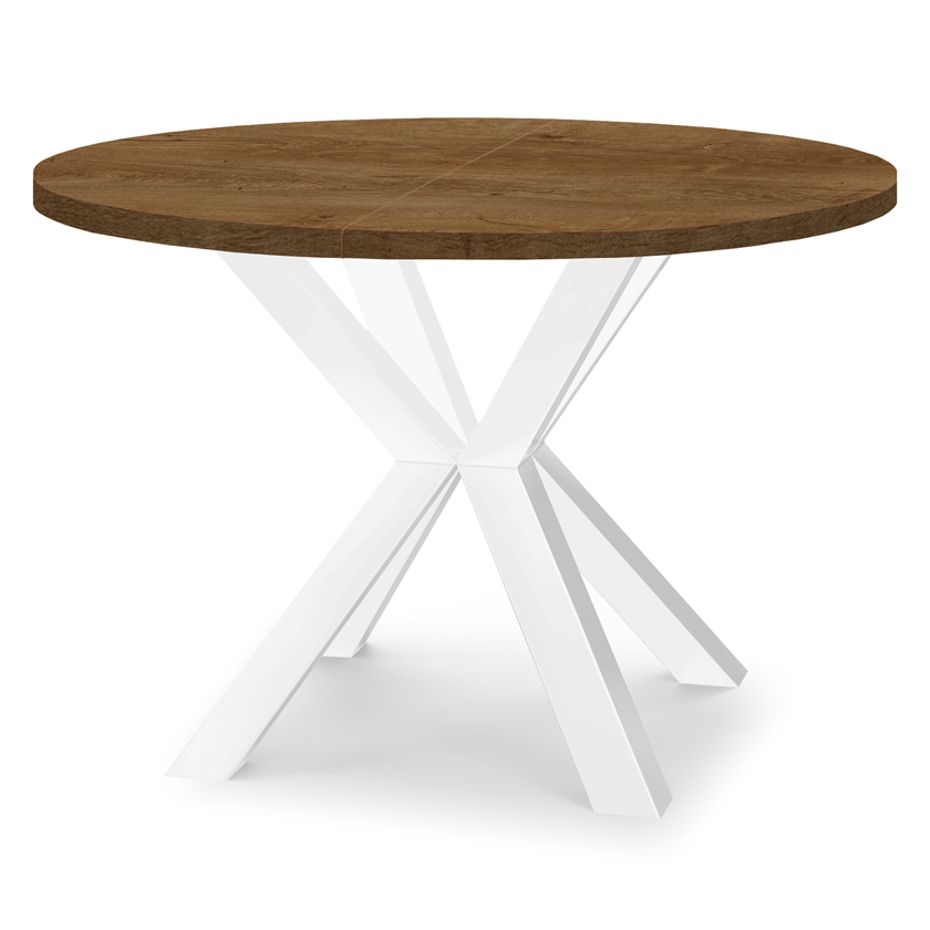 Runder Esstisch ausziehbar, Tischplatte Nuss Franklin Tobacco, Untergestell Weiß Halbmatt