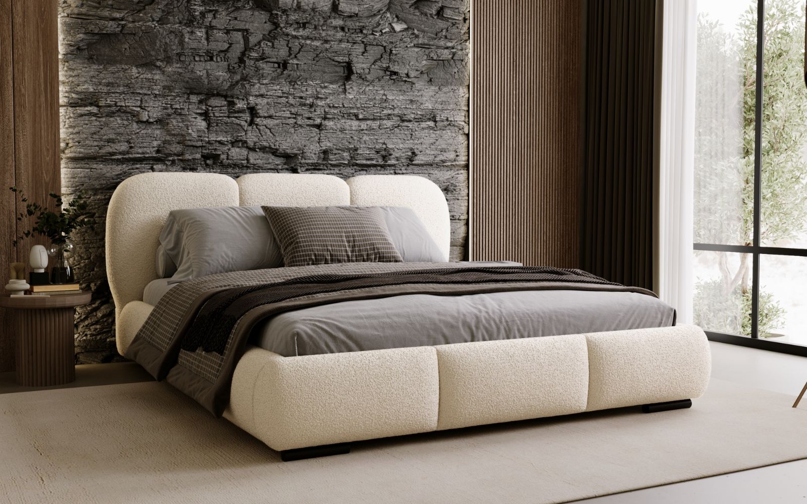 Bouclé und Chenille Polsterbett 140x200 KALLA Premium in Hellgrau mit weicher Polsterung im Schlafzimmer