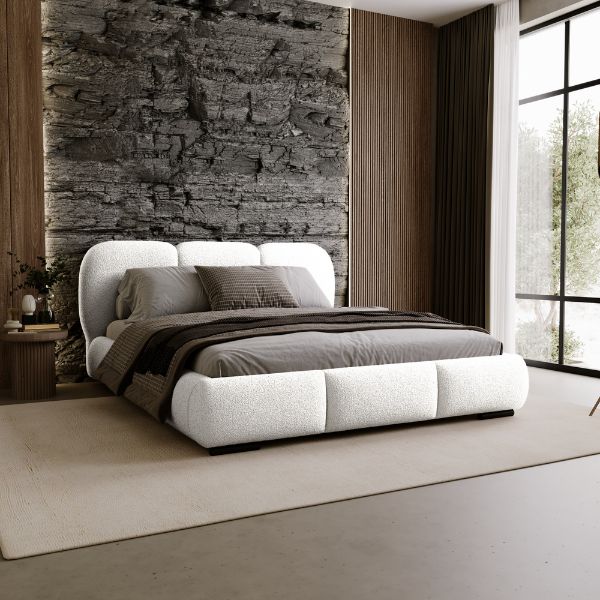 Bouclé Polsterbett 140x200 KALLA Premium cremeweiß mit Bettkasten – Stoff Quelle 02