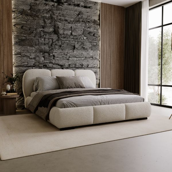 Bouclé und Chenille Polsterbett 140x200 KALLA Premium in Weiß in eleganter Schlafzimmer-Umgebung