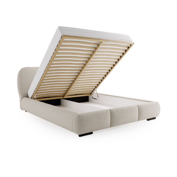 Bouclé und Chenille Polsterbett 140x200 KALLA Premium in Dunkelgrau mit offenem Bettkasten und Holzlattenrost