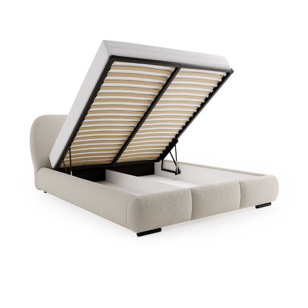 Bouclé und Chenille Polsterbett 140x200 KALLA Premium in Weiß mit geöffnetem Bettkasten und Metalllattenrost