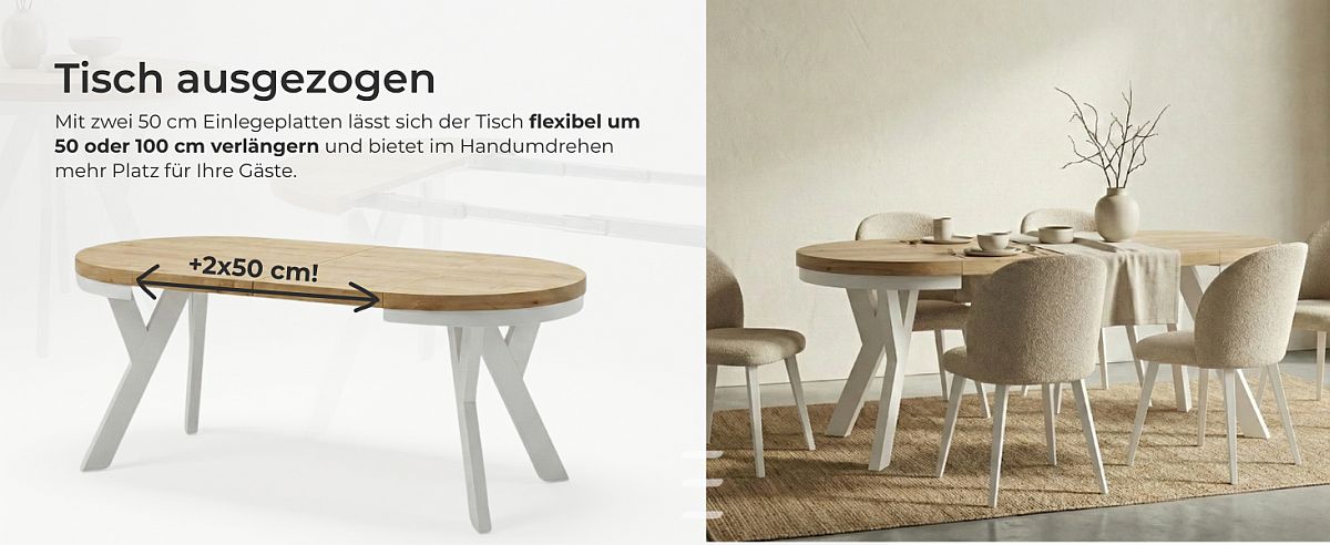 ausgezogener Esstisch Massirholz