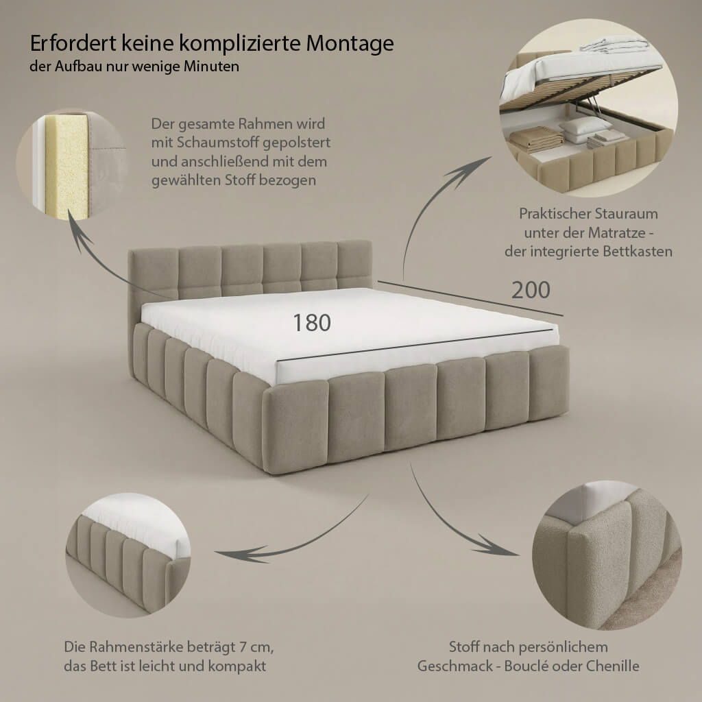 Aufbau des Bubble Betts 180x200 – Überblick über Boxspring, Matratze, Topper und Polsterung für optimalen Schlafkomfort