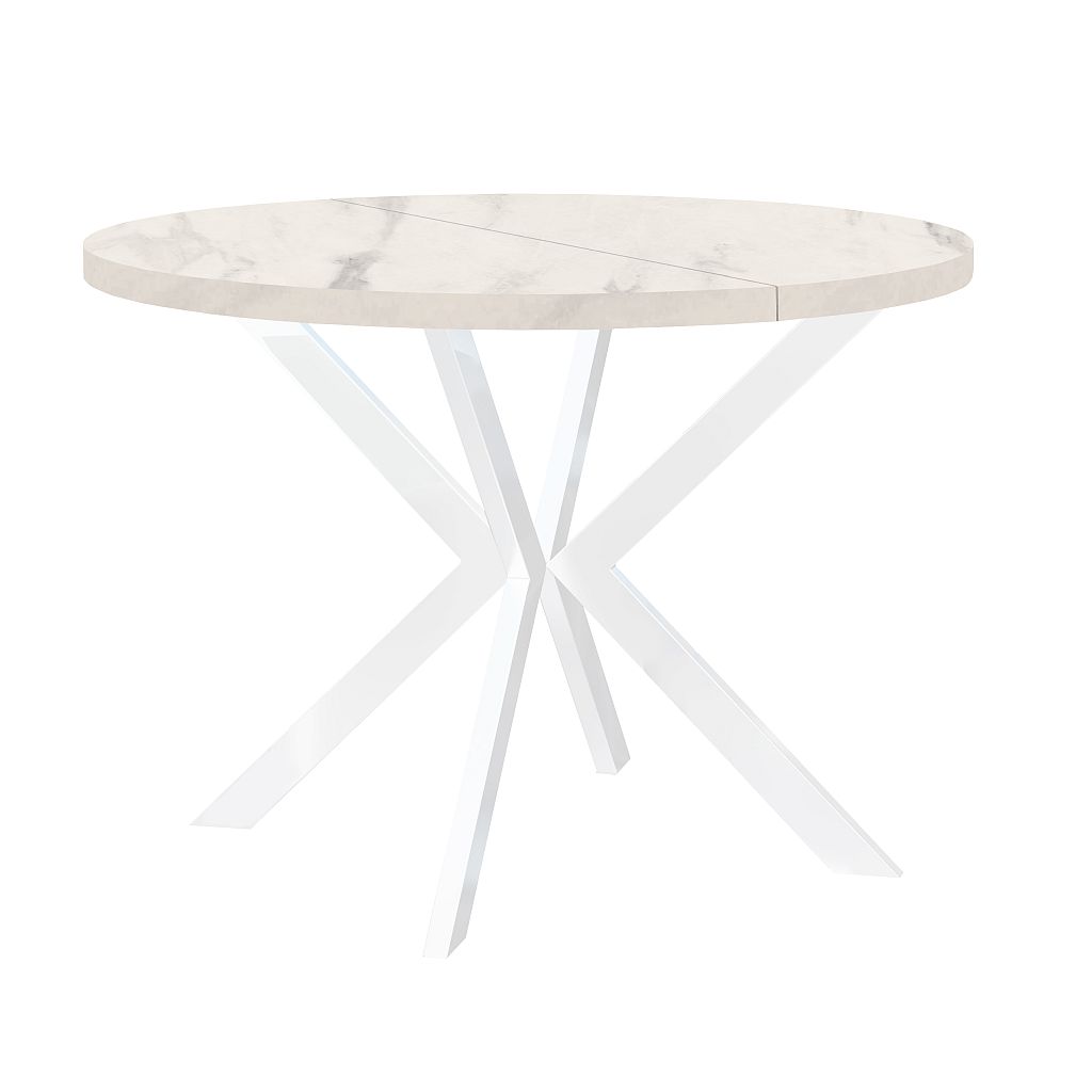 Runder ausziehbarer Esstisch ENDO in Marmoroptik mit weißem Gestell und weißer Tischplatte