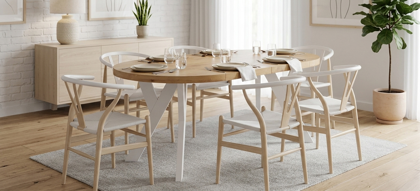 Skandinavischer runder ausziehbarer Esstisch im ausgezogenen Zustand im Esszimmer