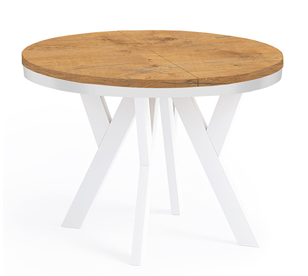 Ausziehbarer runder Esstisch PERO mit weißen Beinen und Eiche-Laminat-Tischplatte
