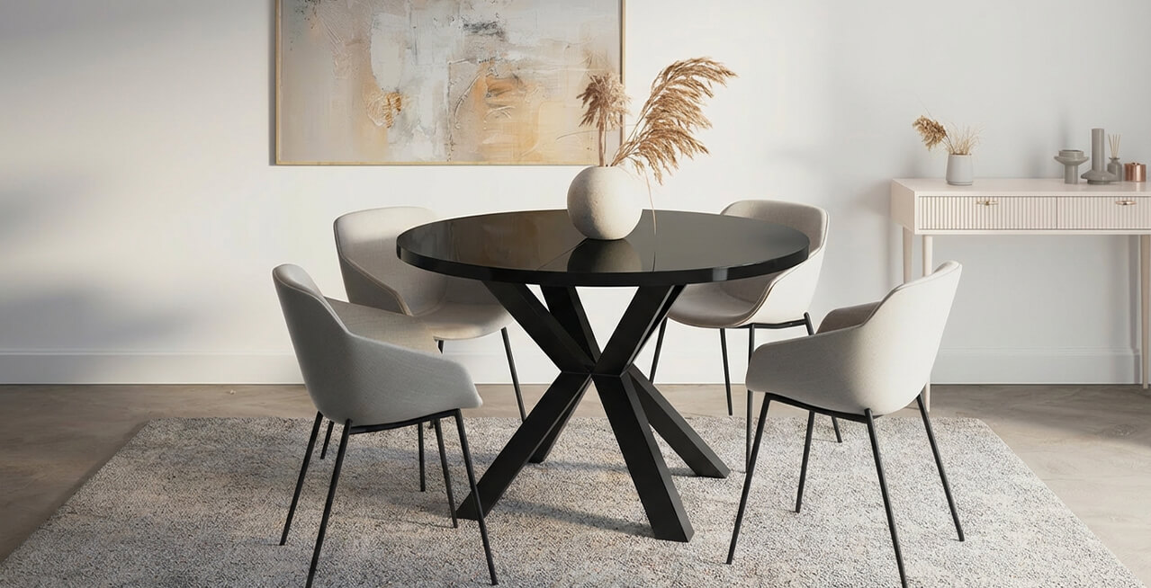 Runder ausziehbarer Esstisch in Schwarz im Wohnzimmer mit passenden Stühlen