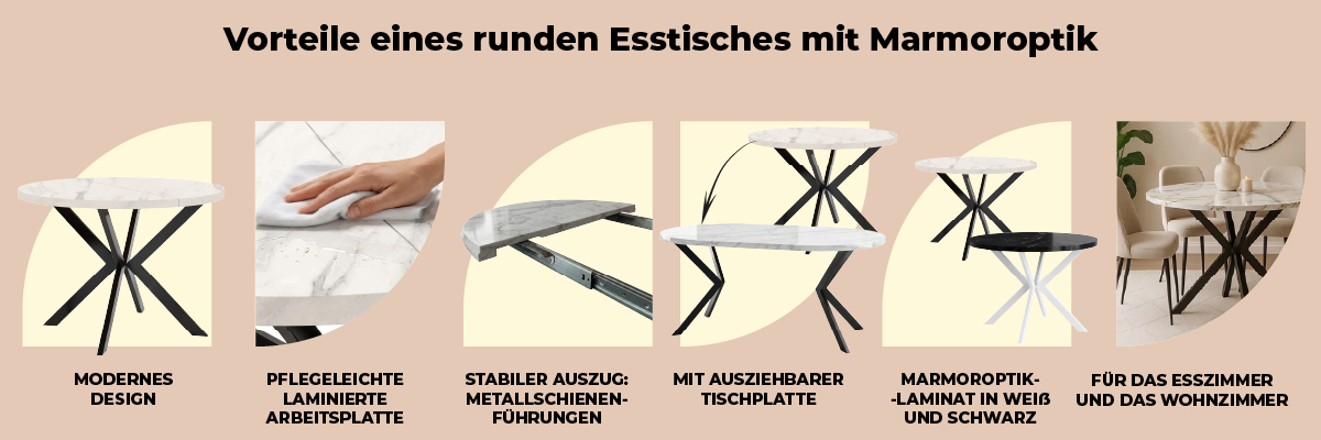 Infografik zu den Vorteilen eines runden Esstisches in Marmoroptik – platzsparend, modern und ausziehbar