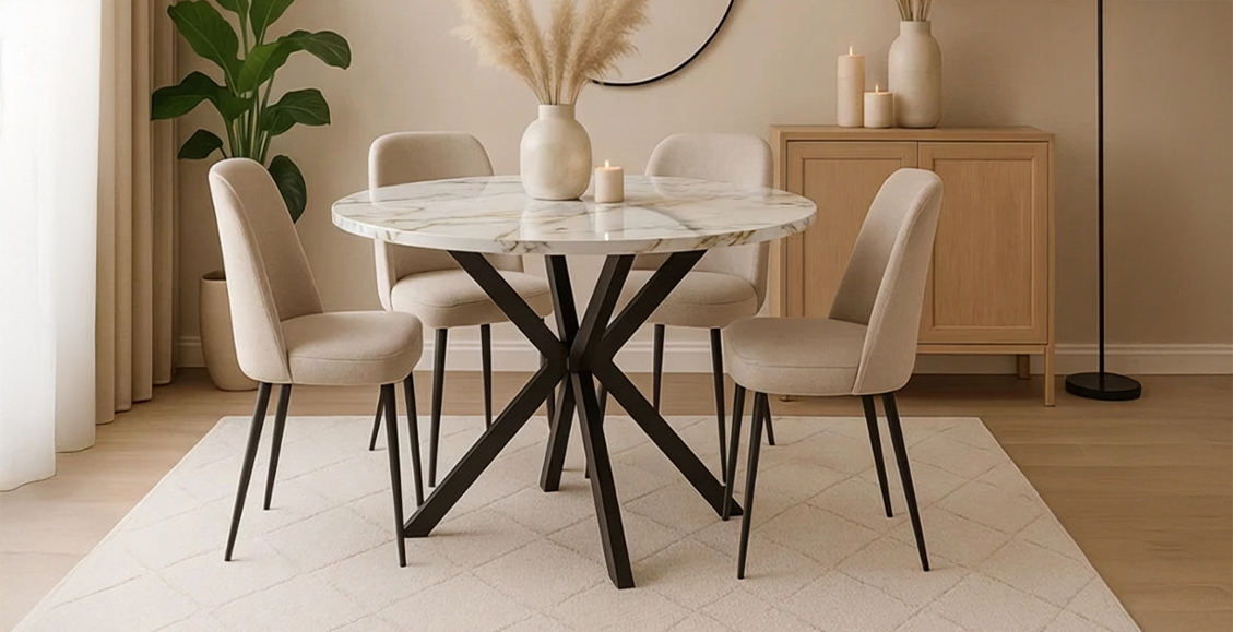 Runder ausziehbarer Esstisch mit Laminat-Tischplatte in Kaschmir und schwarzem Metallgestell – modern, robust und pflegeleicht