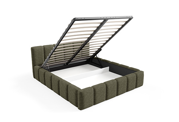 Polsterbett KALLA Medium 140x200 in Grau mit offenem Metalllattenrost und geräumigem Bettkasten – Detailansicht