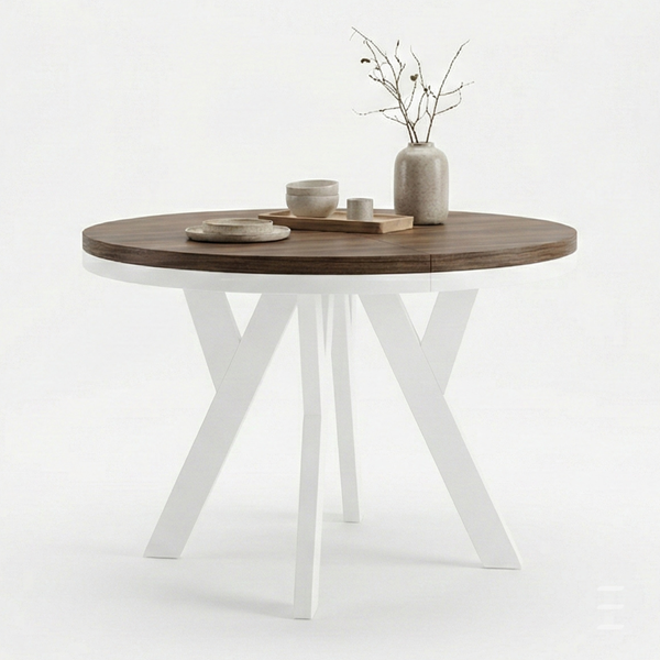 Runder ausziehbarer Esstisch PERO mit schwarzem Ring-Gestell und Tischplatte in Eiche-Laminat