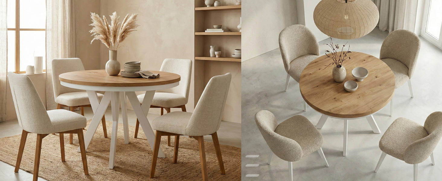 Runder ausziehbarer Esstisch PERO aus Massivholz mit weißem Ring-Gestell und Holzplatte im Wohnzimmer, kombiniert mit passenden Stühlen