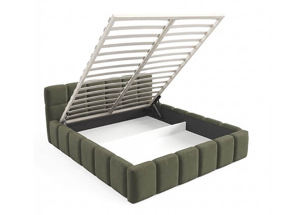 Polsterbett KALLA Medium 140x200 in Grau mit offenem Holzlattenrost und geräumigem Bettkasten – Detailansicht