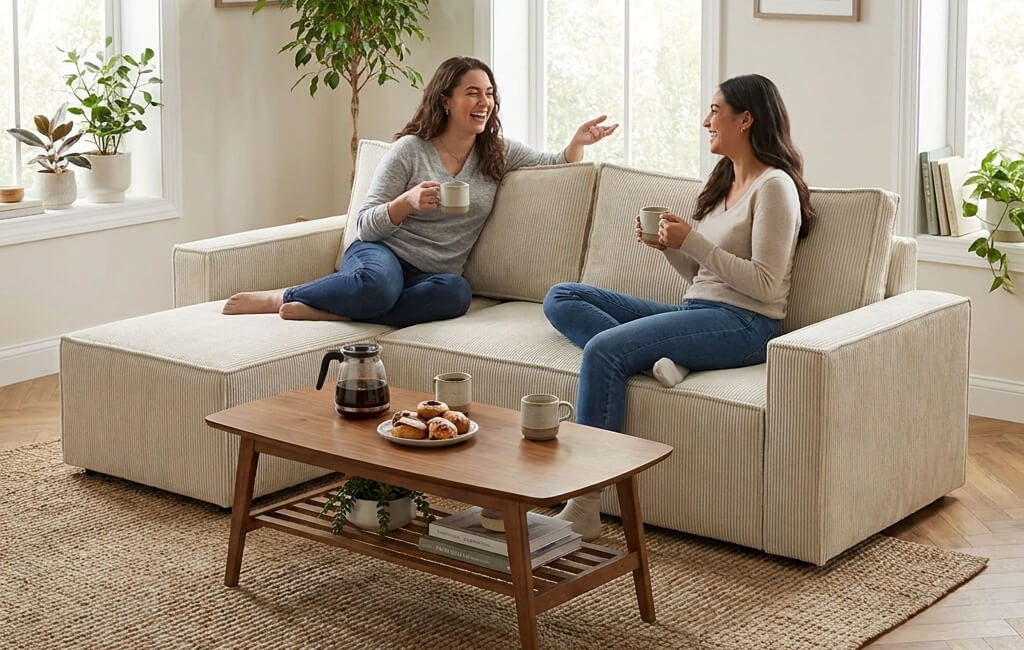 Zwei Frauen sitzen entspannt auf dem kompakten Ecksofa LIVIO S, trinken Kaffee und unterhalten sich in gemütlicher Atmosphäre