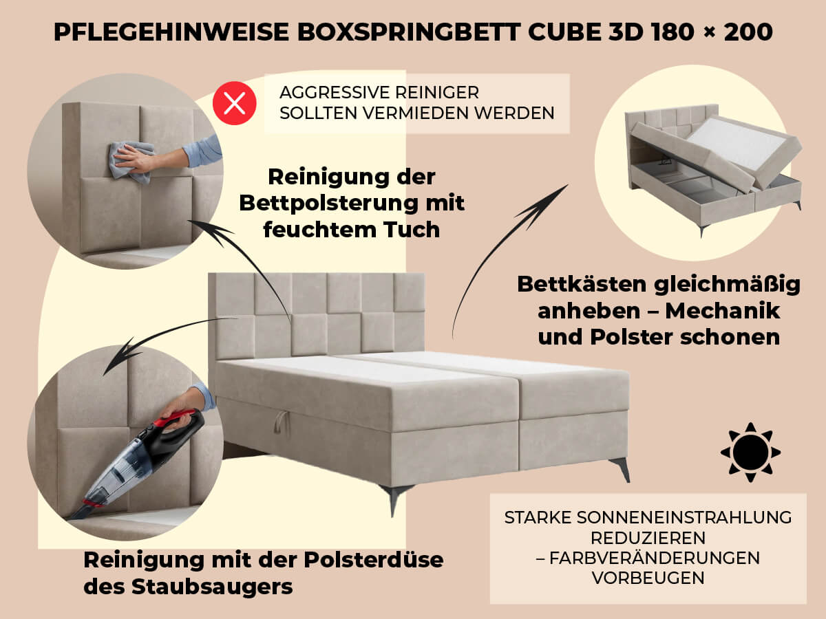 Pflegehinweise für Boxspringbett CUBE 3D 180x200 cm mit zwei seitlich öffnenden Bettkästen