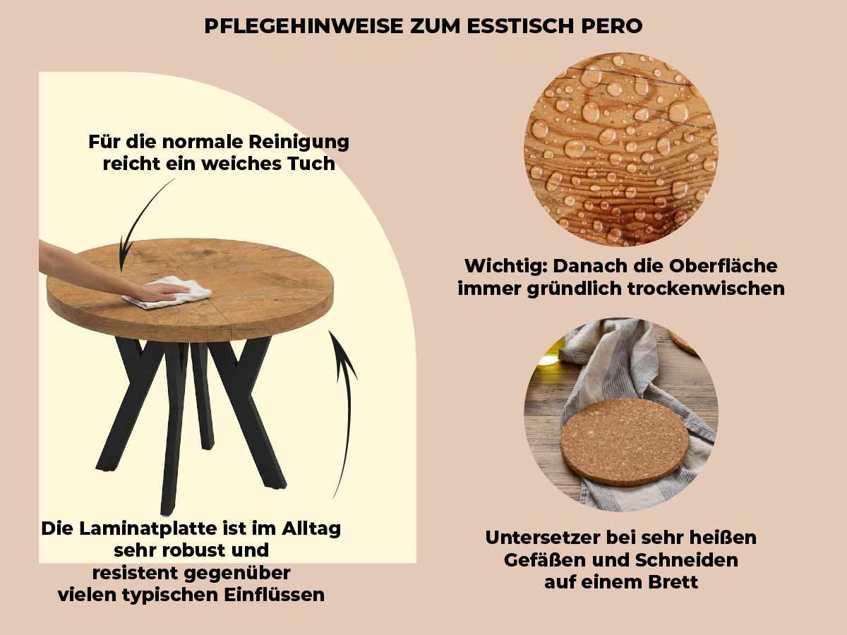 Infografik zeigt Pflegehinweise für den ausziehbaren Pero Tisch 80 cm – Reinigung, Schutz und richtige Handhabung