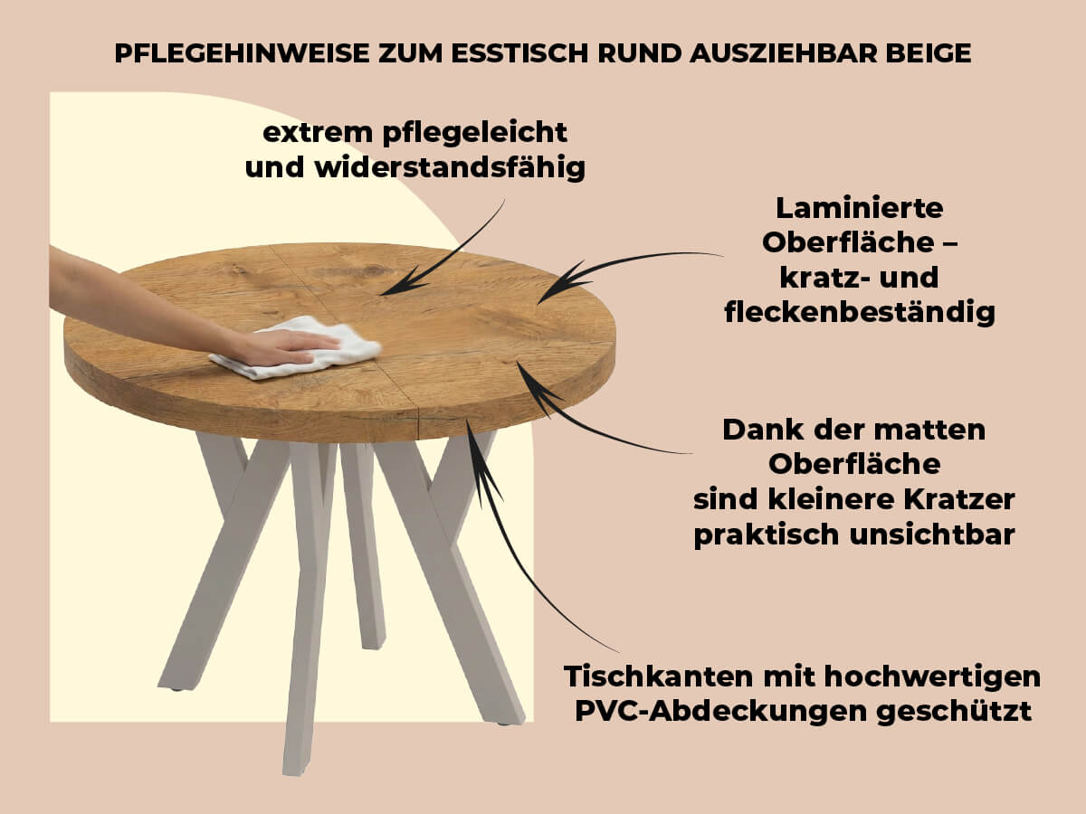 Pflegehinweise für runden, ausziehbaren Esstisch in Beige – Tipps zur Reinigung und Pflege