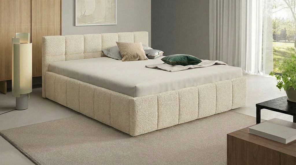 Polsterbett aus Bouclé – weicher, strukturierter Stoff für gemütliches Schlafzimmer