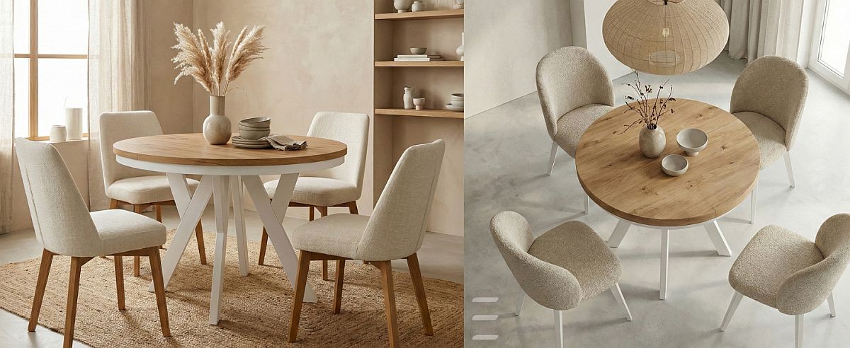 Runder ausziehbarer Esstisch PERO aus Massivholz mit weißem Ring-Gestell und Holzplatte im Wohnzimmer, kombiniert mit passenden Stühlen