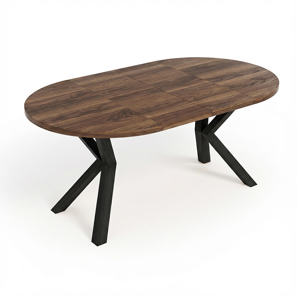 Runder schwarzer Ausziehtisch nach dem Ausziehen – extra Platz für Gäste